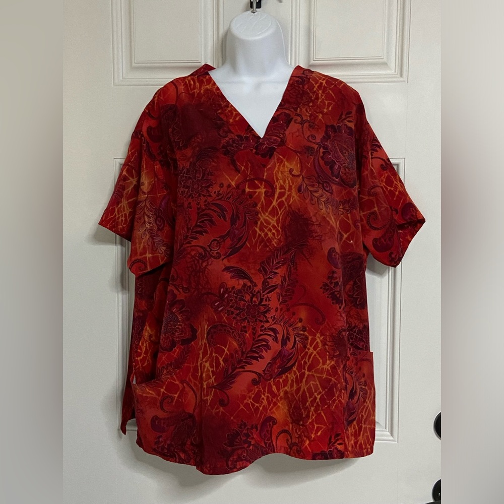 V- Dark Red Floral V-Neck Scrub Top